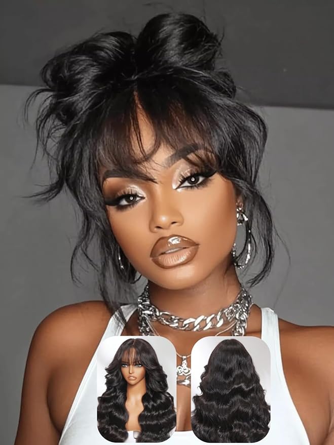 Julia Hair Bye Bye Knots Curtain Bangs Wig Glueless Fluffy Natural Loose Wave Pre Cut 7x5 HD Lace Front Wigs Invisible Pre Plucked Pre Everything Body Wave Put on and Go Wig for Women 22 Inch