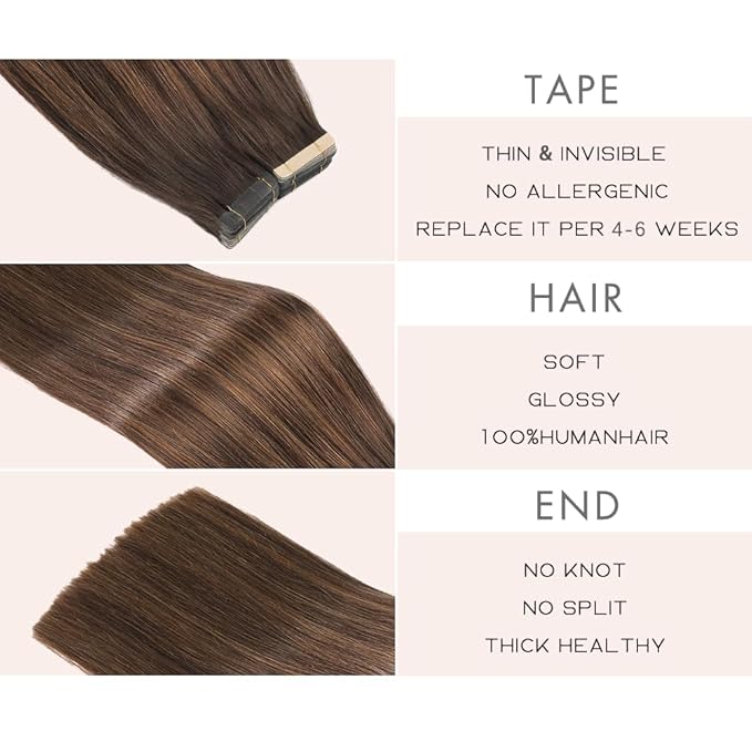 Balayage Dark Brown Mixed Chestnut Brown Tape in Hair Extensions Human Hair, 20pcs 16 Inch Remy Hair Extensions Real Human Hair Tape in Extensions Skin Weft Tape Ins (2/2/6#,16 Inch)