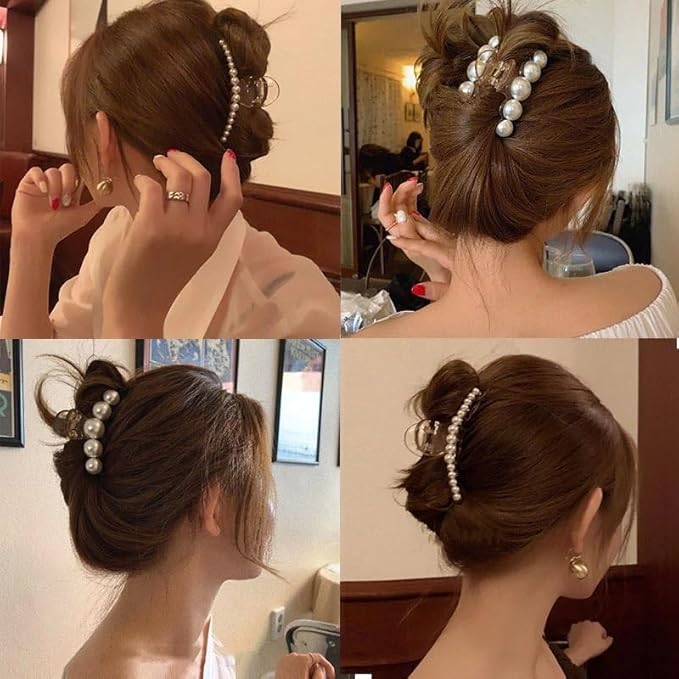 Hair Clips for Women, Large Pearl Hair Claw Clip Set Strong Hold No Slip, Banana Jaw Clip Barrettes, Hair Accessories Birthday Wedding Valentine's Day Gift for Girl Wife Styling Thick Thin (4 PCS)