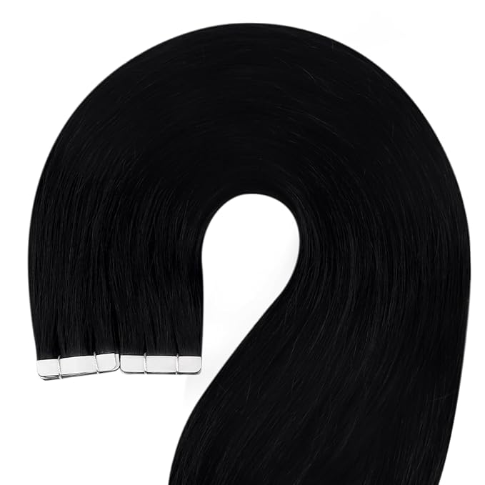 YoungSee Tape in Hair Extensions Real Human Hair Black Tape in Extensions Human Hair 24 Inch Jet Black Invisible Tapein Hair Extension 20pcs for Long Hair 50g Tapes ins Hair Extension Soft and Shiny