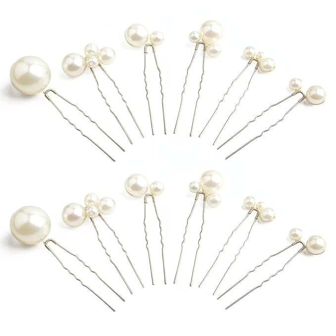 U Shaped Pearl Hair Pins for Wedding, Elegant Updo Hair Accessories for Bridal or Women, Set of 12 (Silver)