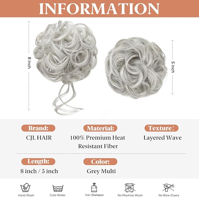 CJL HAIR 2PCS Messy Bun Hair Pieces Wavy Curly Synthetic Updo Chignon Fake Scrunchies Ponytail Extension for Women Grey Multi