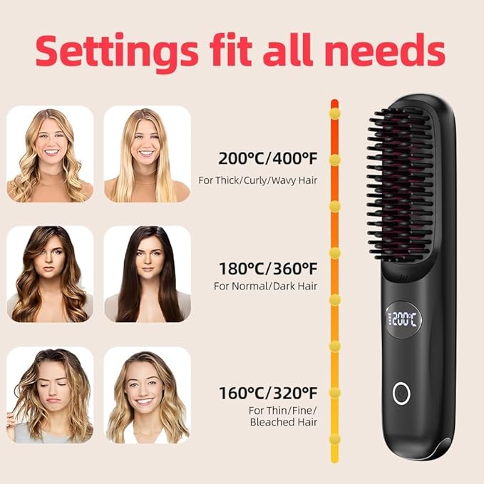 Cordless Hair Straightener Brush: Portable Rechargeable Heated Straightening Comb with LED Display & 3 Temperature Settings - Travel Hair Brush for Smooth Frizz-Free Styling (Pink)