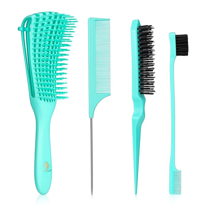 Hair Brush with Hair Styling Comb Set, Green (Curly Haired Individuals, Unisex, Hair Brush, Detangling, Metal)