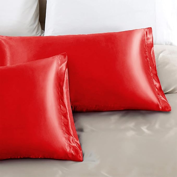 Aormenzy Satin Pillow Cases for Women Standard Size Set of 2, Red Satin Pillowcase for Hair with Envelope Closure Silky Pillow Covers Wrinkle, Fade Resistant (20x26 Inches)