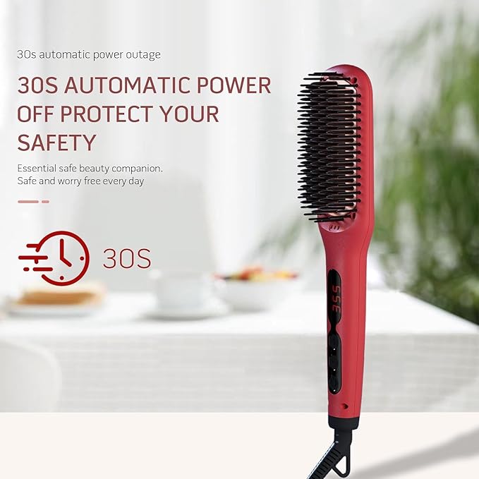 Updated Megawise Pro Ceramic Ionic Hair Straightener Brush – Fast 20s Heating, Auto-Off, Anti-Scald, Dual Voltage, Rotatable Power Cord – Home Salon Styling (Tomato Red)