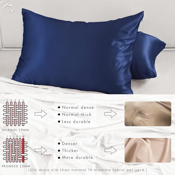 PROMEED 100% Mulberry Silk Pillowcase for Hair and Skin - Allergen Resistant Both Sides 23 Momme 1400 TC Silk Bed Pillow Cases with Hidden Zipper, 1PC (Queen 20"x30", Navy)