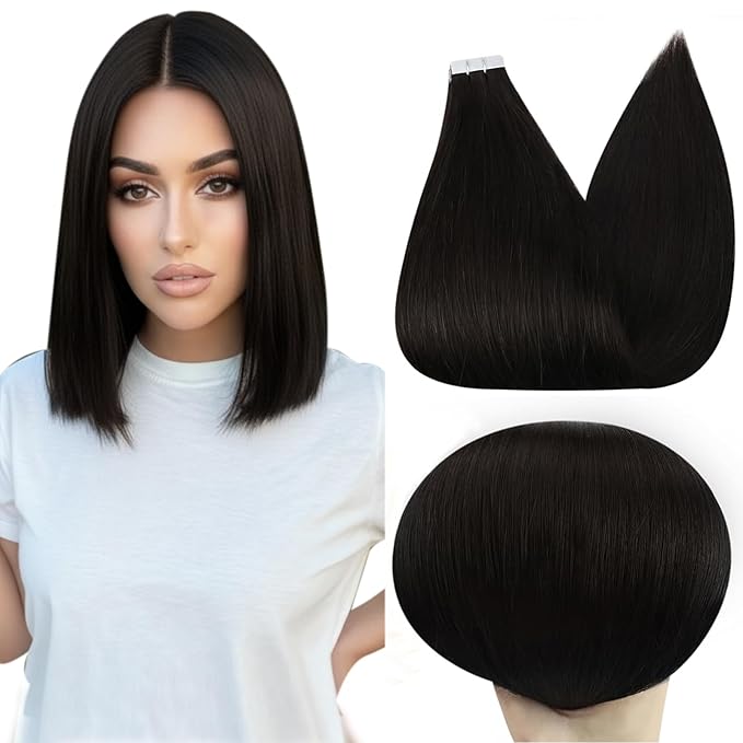 Full Shine Tape in Hair Extensions Natural Tape in Extensions 10 Inch Color 1B Black 20 Pcs Seamless Soft Remy Hair Extensions Tape in Invisible Brazilian 30Gram for Thin Hair Wedding