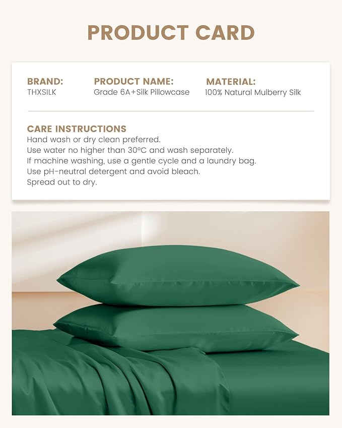 THXSILK Set of 2 100% Mulberry Silk Pillowcase for Hair and Skin Heath, Grade 6A+ Mulberry Silk Both Sides, Hypoallergenic Pillow Cover with Zipper, Best Gift Choice (King 20"x36", Emerald Green)