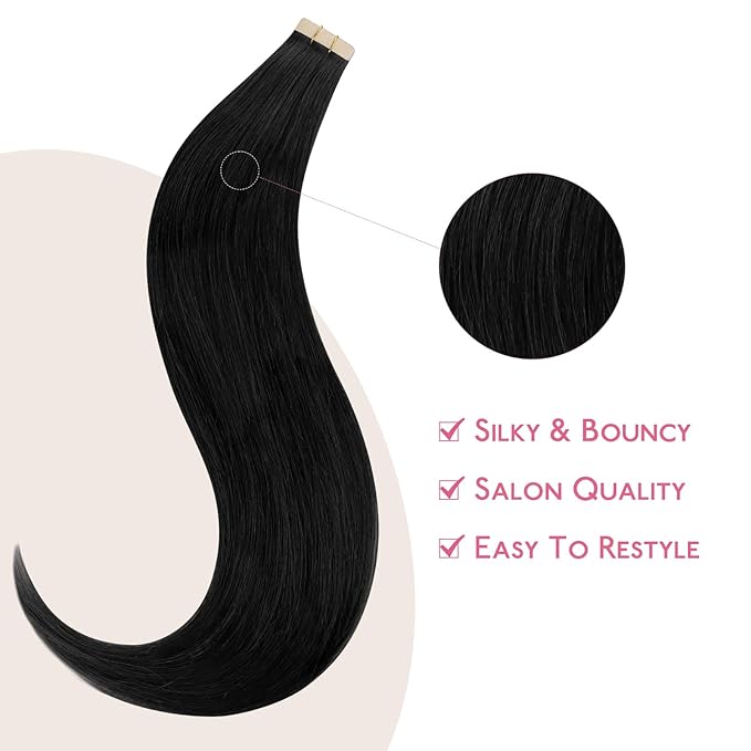 WENNALIFE Tape in Hair Extensions Human Hair Jet Black Tape in Extensions, 10pcs 25g 18 inch Remy Invisible Tape Ins Straight Colored Soft Real Human Hair Tape in Extensions Refill Set Extensions