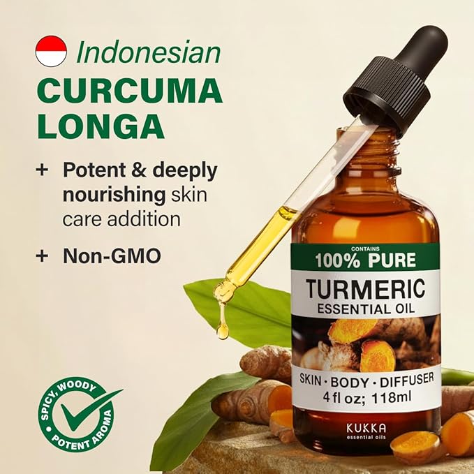 KUKKA Turmeric Essential Oils - 4 Fl Oz - for Hair, Skin, Diffuser, Aromatherapy & DIY Soap Making Scent