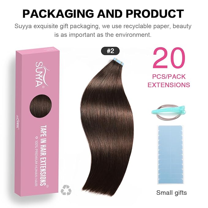 SUYYA Tape in Hair Extensions Human Hair 18 inches 50g 20pcs Straight Seamless Skin Weft Tape in Hair Extensions Remy Human Hair(18 inches #2 Darkest Brown）
