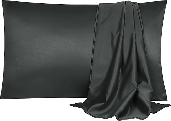 uxcell 2 Pack Silk Satin Pillowcase for Hair and Skin, Cool, Silky, Soft Breathable Pillow Cases King Size 20x36 Inch Sateen Pillowcase Black with Envelope Closure