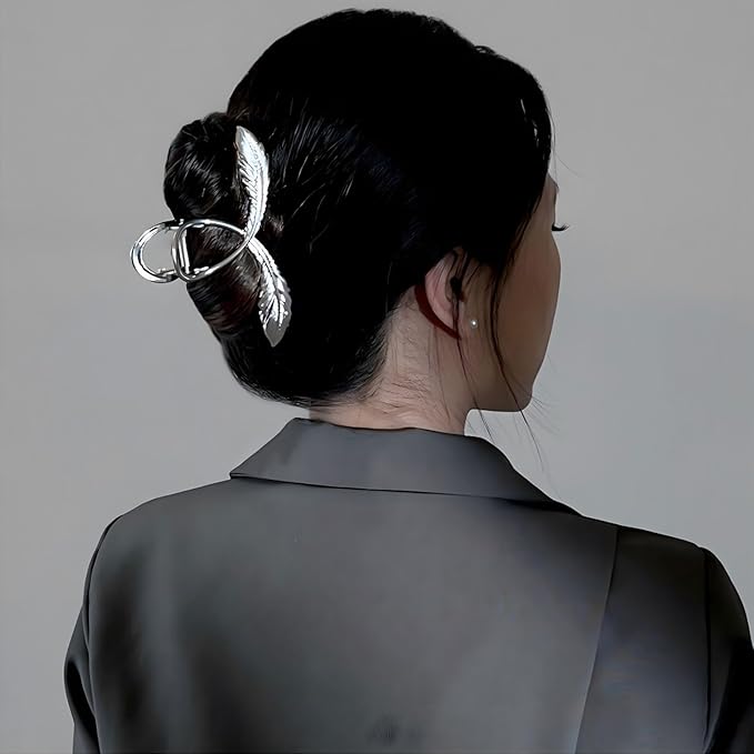 Silver Feather Metal Hair Claw Clips, 1Pcs 4.52Inch Elegant Hair Claw Clips for Thin Thick Hair Accessories Alloy Feather Hair Claw Nonslip Ponytail Holder Shark Claw Women Girls