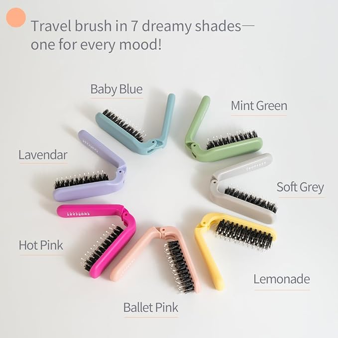 Uffy MiniPop Travel Hair Brush – Mini Folding Boar Bristles for Women, Men & Kids | Kid-Friendly Portable Purse Brush for Wet & Dry Hair, Curly or Straight | Pocket-Size Detangler – Ballet Pink