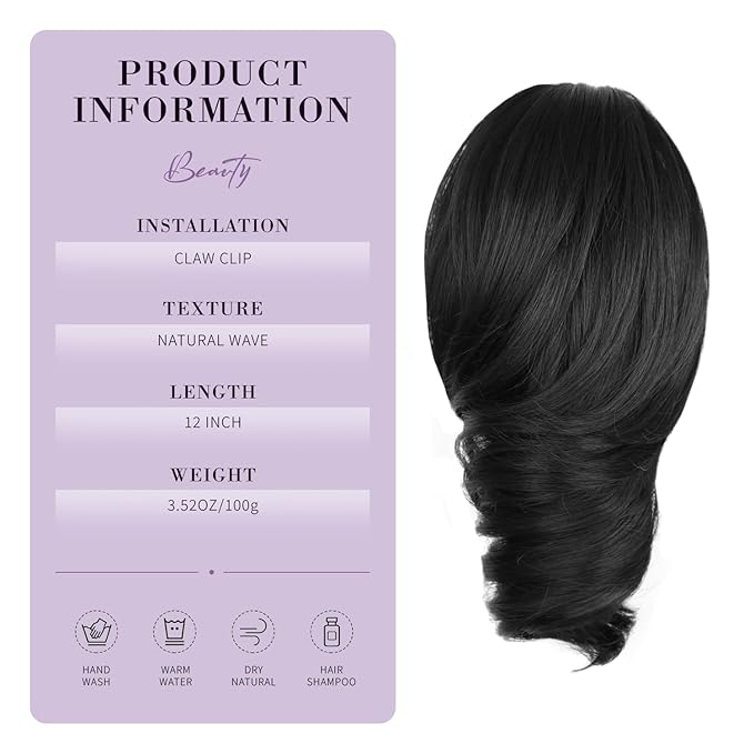Clip on Ponytails for Women - 12 Inch Curly Black Ponytail Extension, Curly Pony Tails Hair Extensions, Synthetic Hair Extensions Ponytail, Natural Hair Pieces for Women (Color: Black)