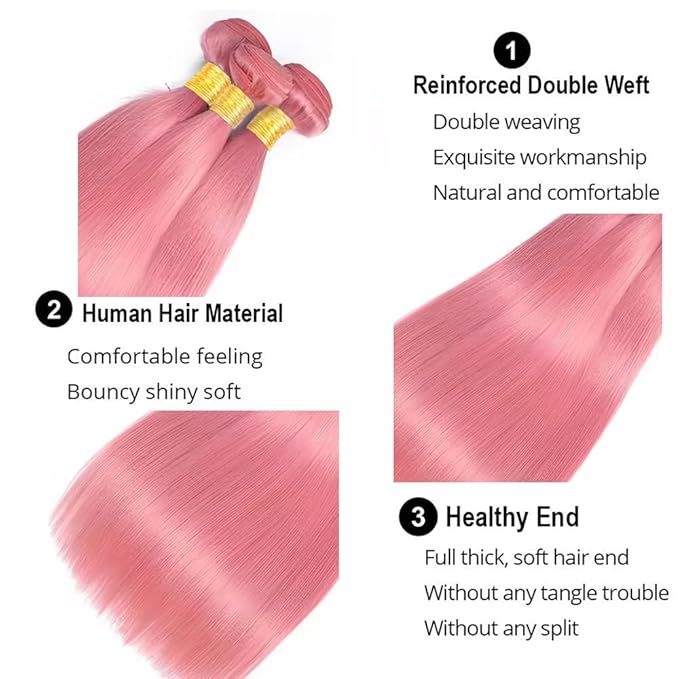 28 30 32 Inch Pink Human Hair Bundles Pink Straight Bundles Niegmeag Peruvian Virgin Remy Hair Extensions Double Weft Soft and Skily Hair Weave