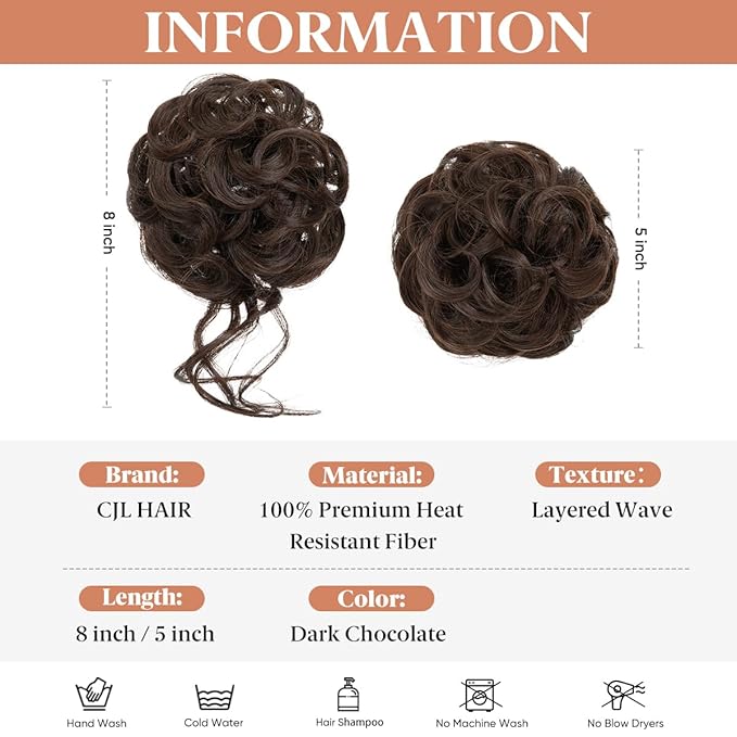 CJL HAIR 2PCS Messy Bun Hair Pieces Wavy Curly Synthetic Updo Chignon Fake Scrunchies Ponytail Extension for Women Dark Chocolate