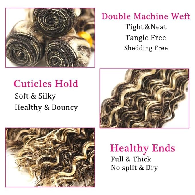 Highlight Bundles Human Hair P4/613 Deep Wave Bundle 26 28 30 Inch Niegmeag Brazilian Virgin Remy Hair Extensions Double Weft 2 Tone Brown and Blonde Bundles 300g