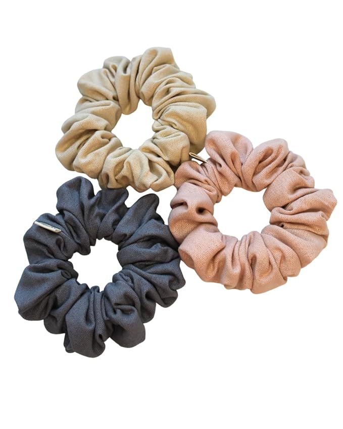 Handmade Linen Scrunchie Bundle for Women – Set of 3 Neutral Hair Ties – 100% Linen Fabric, Gentle on Hair, Woman Gift Set (Aura)