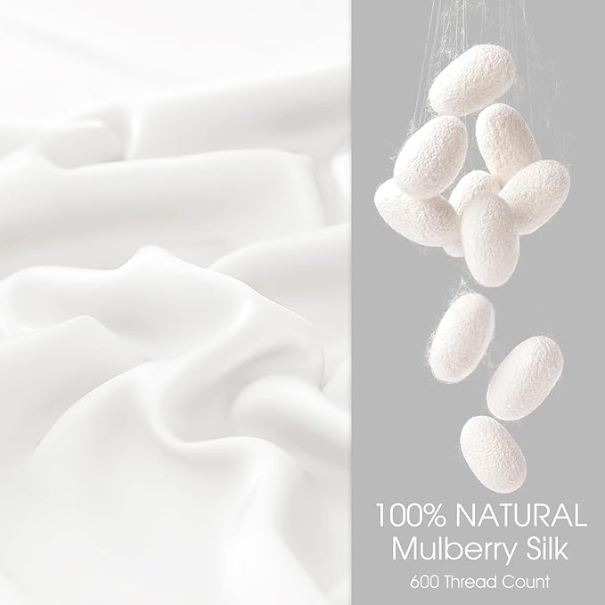 100% Silk Pillow Cases 2 Pack King Size Mulberry Silk Pillowcase for Hair and Skin Set of 2 Highest Grade 6A Silk Soft Breathable Cooling with Hidden Zipper, White