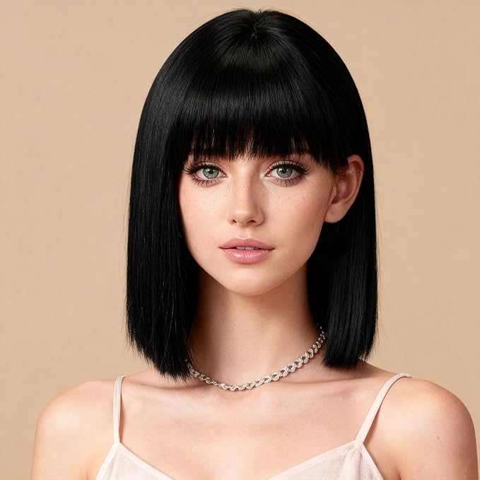 Allbell Black Wigs for Women Short Bob with Bangs Heat Resistant Synthetic Hair 12 inch for Daily Party Halloween Costume Use