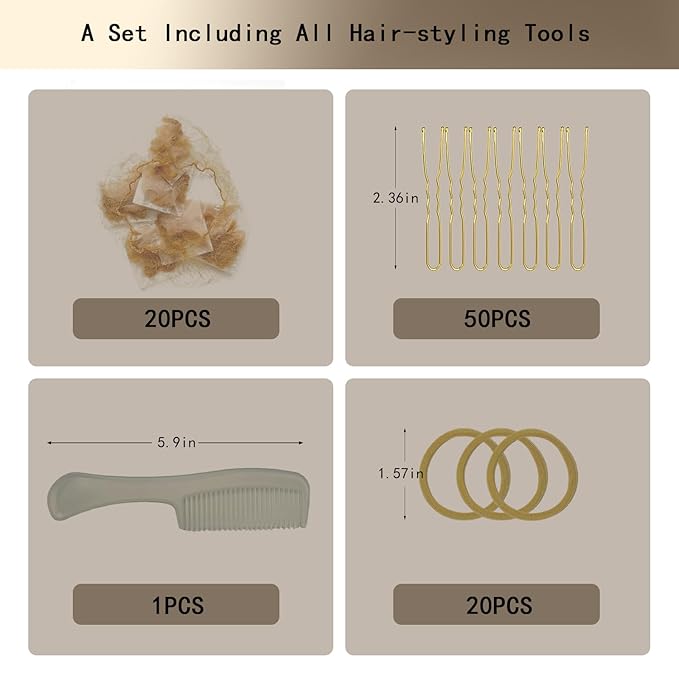 Invisible Hair Nets 50cm with 20Pcs,50Pcs U Shaped Bobby Pins,20Pcs Hair Ties and a Comb Styling Accessories Set,50cm for Ballet Bun,Wig,Food Service,Cabin Attendant, for Women and Girls(Gold) ﻿