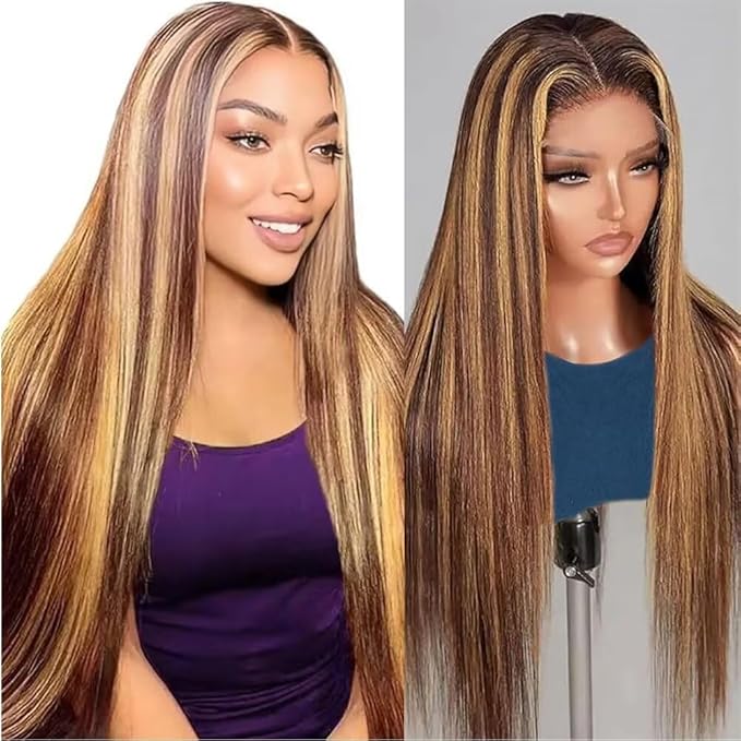 13x6 Ombre Lace Front Wigs Human Hair for Women 180 Density 4/27 Highlight Colored HD Transparent 24 Inch Straight Lace Front Wig Human Hair Pre Plucked Glueless Lace Frontal Wigs