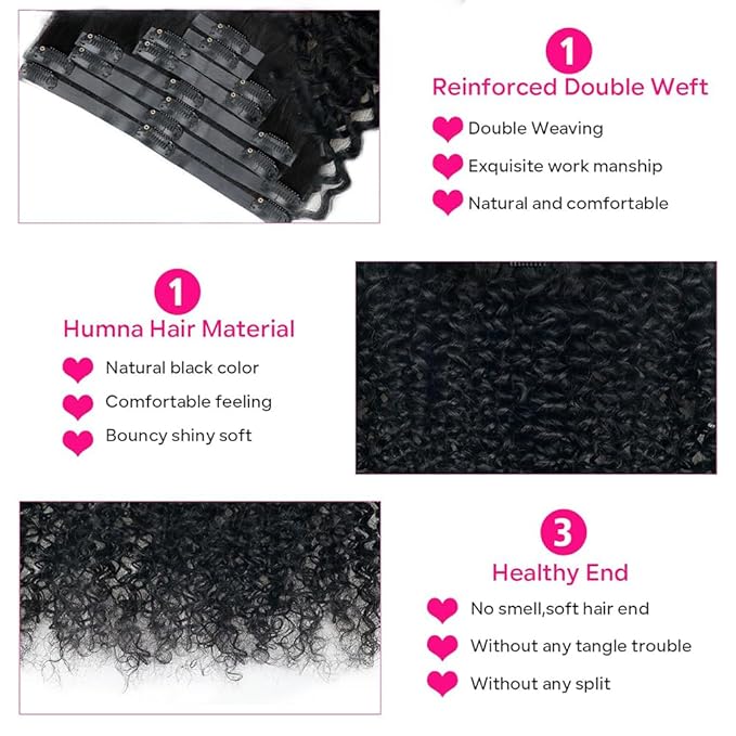 Seamless Curly Clip in Hair Extensions Real Human Hair Brazilian Virgin Human Hair Clip in Extensions 8Pcs Seamless Clip ins for Black Women with 18Clips PU Skin Weft 120g 12inch Natural Black
