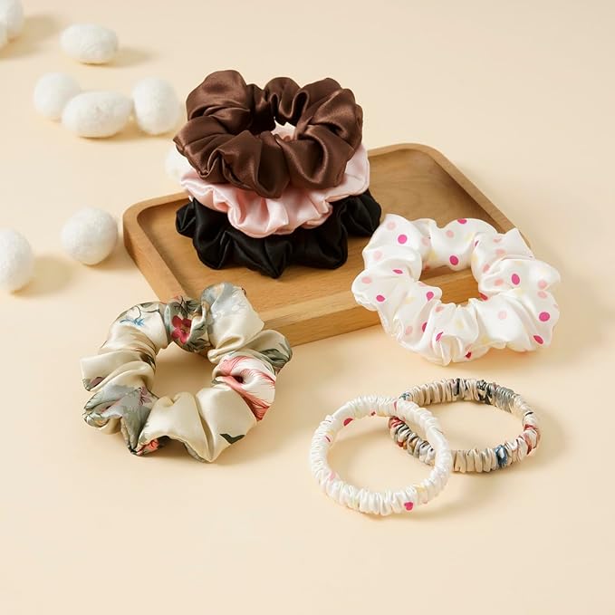 19Momme Silk Scrunchie Thick Hair Ties for Curly Hair, No Slip Hair Bands for Women, Vintage Satin Hair Accessories (Hair tie Mixed PACK)