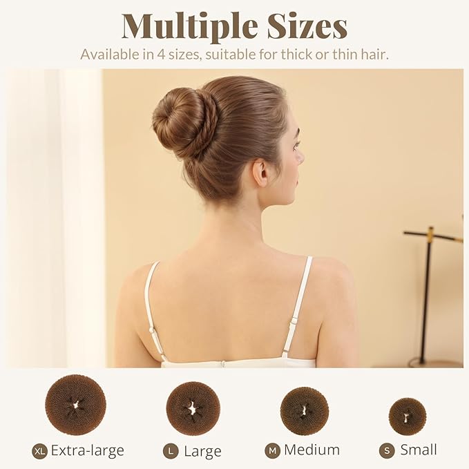 FANDAMEI Hair Bun Maker Set- 8 PCS Hair Donuts for Buns (2 Extra-large,2 Large,2 Medium and 2 Small), 40 PCS Bobby Pins, 5 PCS Hair Elastic Ties Black,Bun Maker - Light Brown