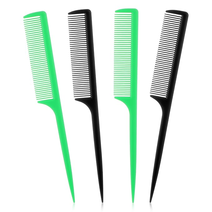 4Pcs Rat Tail Combs for Women - Anti-Static Carbon Fiber Parting & Styling Tail Combs for Braids, Updos (Black, Green)