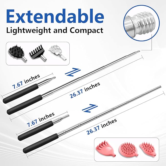 Back Scratcher Extendable with 6 Detachable Scratching Heads and Hair Scalp Massager for Itches Lotion Application Spa Adults Women Men Seniors The Disabled Baby Pink