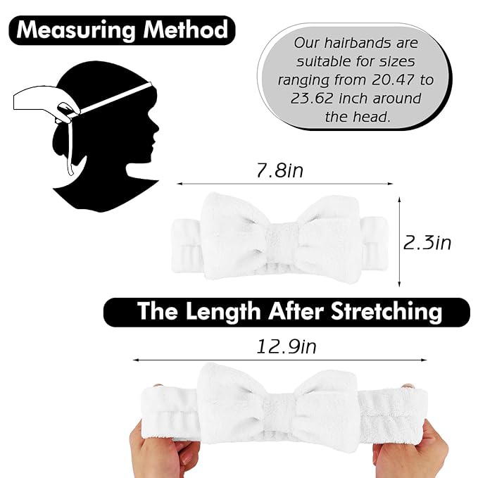 Zkptops 6Pcs Spa Headband for Washing Face Wristbands Set Women Bubble Skincare Makeup Sponge Terry Cloth Padded Puffy Headband Bow Tie Hairband Cute Non Slip Thick Hair Accessory Gifts (White)
