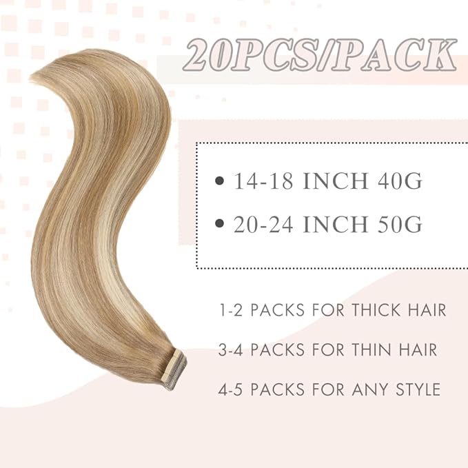 Tape in Hair Extensions Human Hair 20pcs Remy Hair Extensions 18 Inch Balayage Medium Brown Mixed Dark Blonde Invisible Human Hair Tape in Extensions Skin Weft Tape Extensions (10/10/22#,18 Inch)