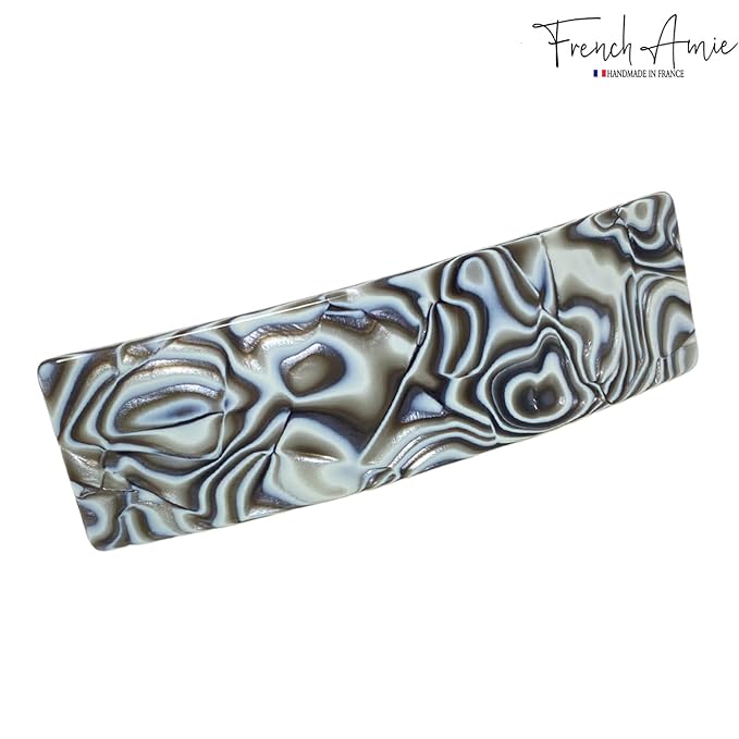 French Amie Rectangular Gray Magma 3 1/4” Celluloid Acetate Handmade Automatic Hair Clip Barrette with Sturdy Golden Clasp for Women and Girls, Made in France