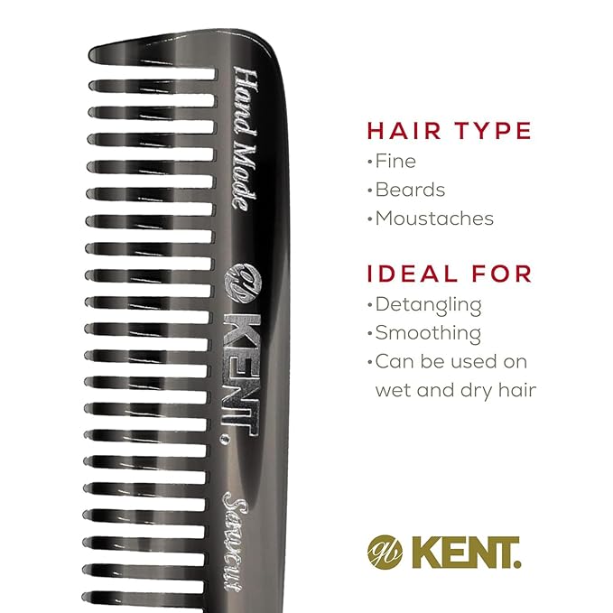 Kent 93T Black Graphite Wide Tooth Men's Comb, for Mustache and Beard ideal for Facial Hair, Small Pocket Sized Travel Detangler Comb, Saw-Cut Hand polished Made in England