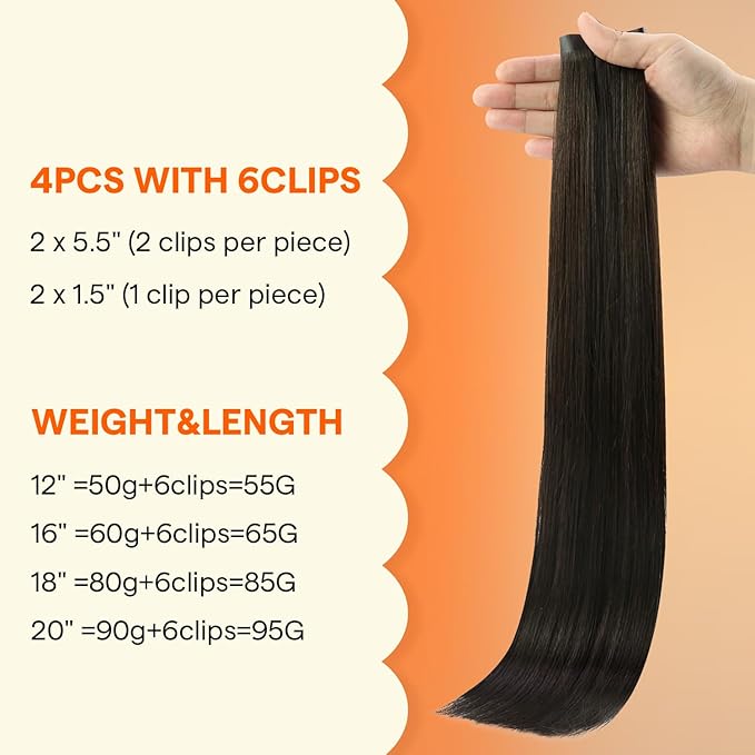 Full Shine Dark Brown Hair Extensions,4Pcs Seamless Clip in Hair Extensions Real Human Hair, PU Weft Remy Long Straight Hair Fill ins for Women Thickness, 20Inch 95g