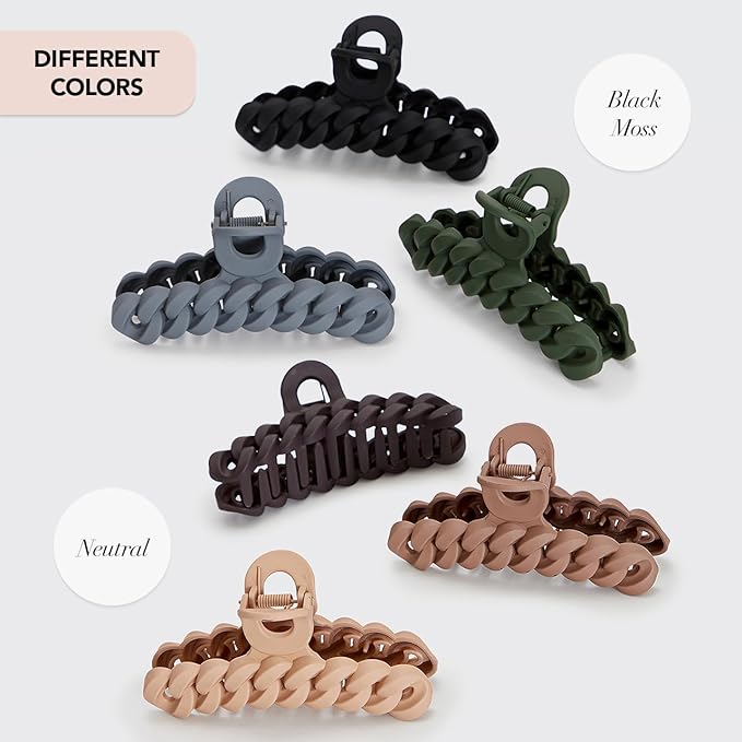 Kitsch Recycled Plastic Large Claw Clip, Big Chain Hair Clips for Women, Big Claw Clips for Thick Hair | Ideal Gifts for Women (3pc Set Black/Moss)