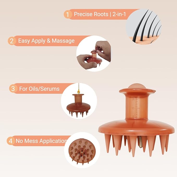 Silicon Scalp Massage Comb - Hair Oil Applicator Brush with Built-in Scale, 20 Silicone Bristles & Stainless Steel Teeth for Hair Growth Serum, Scalp Care and Relaxation (Skin)