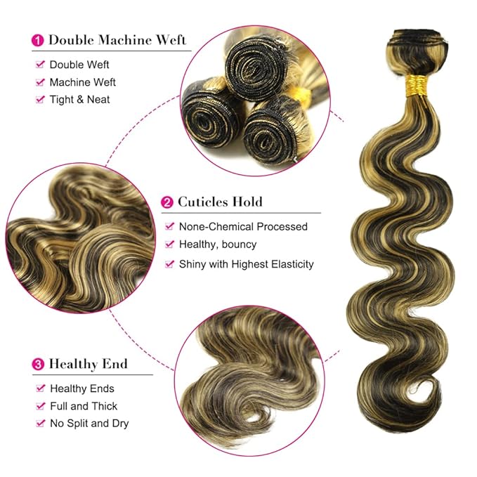 Highlight Bundles Human Hair Blonde Body Wave Bundles 28 Inch Niegmeag Brazilian Virgin Soft and Silky Remy Hair Extensions 2 Tone Black and Honey Blonde Bundle