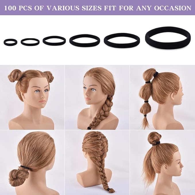 100PCS Various Sizes Black Hair Ties for Women,Elastics Hair Ties No Damage Ponytail Holder for Thick/Thin Hair Accessories,Soft Cotton Cloth Seamless Hair Bands