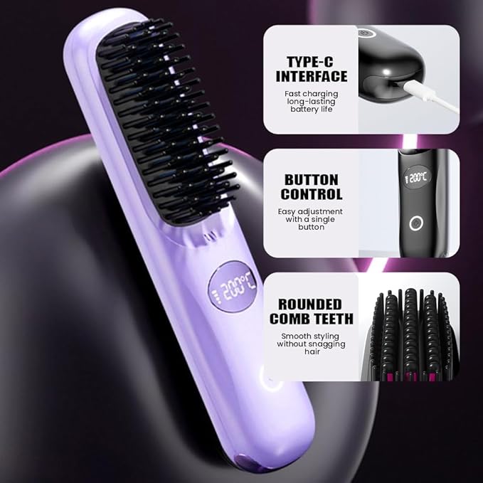 Cordless Hair Straightener Brush: Portable Rechargeable Heated Straightening Comb with LED Display & 3 Temperature Settings - Travel Hair Brush for Smooth Frizz-Free Styling (White)