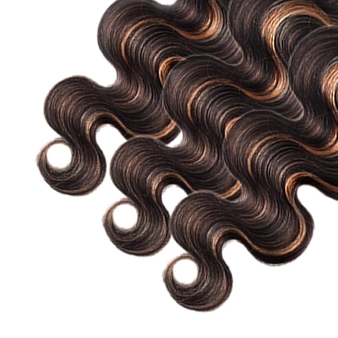 Highlight Bundles Human Hair Light Brown Body Wave Bundle Niegmeag Brazilian Virgin Remy Hair 3 Bundles 16 18 20 Inch Double Weft 2 Tone Black and Light Brown Bundle P1B30 Color