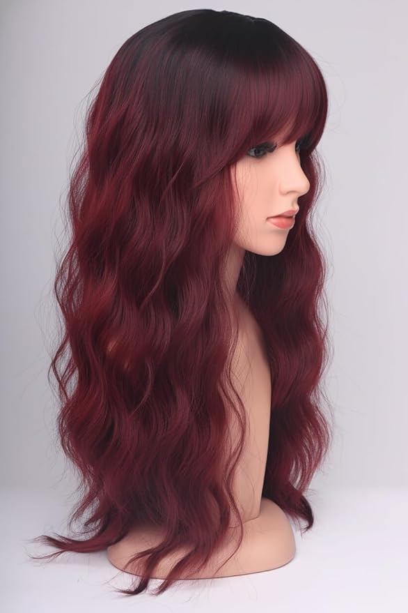 24 Inch Burgundy Wavy Wig with Bangs, Heat Resistant Synthetic Hair for Women, Adjustable Cap with Snap Clips for Daily Use, Wedding, Cosplay