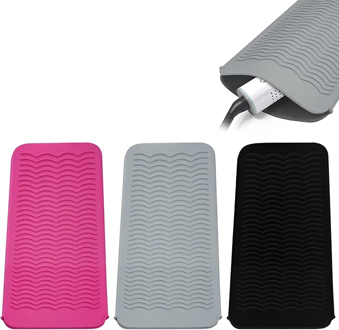 3PCS Silicone Heat Resistant Mat Pouch for Hair Straightener, Curling Iron, Flat Iron and Hot Hair Tools (Black+Grey+Pink) 3 Pack