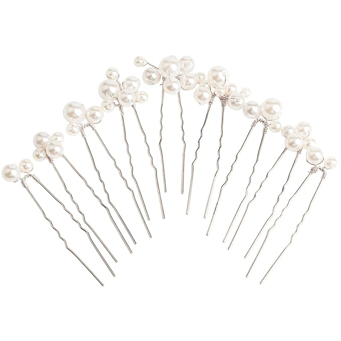 U Shaped Pearl Wedding Hair Pins for Bridal Women, Set of 9 (Silver)