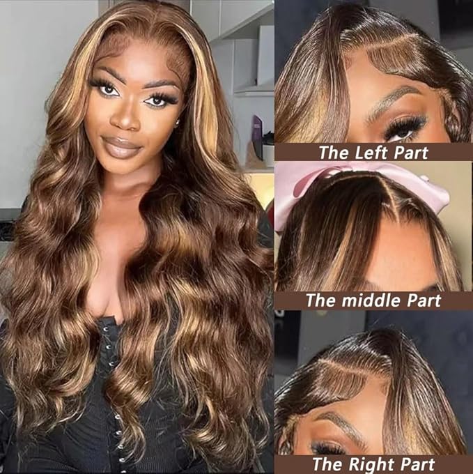 Human Hair Wig Ombre 13x6 HD Lace Front Wigs Human Hair Highlight Wig 220 Density Body Wave Wig Pre Plucked P4/27 Colored for Women Honey Blonde Lace Front Wig 22 Inch