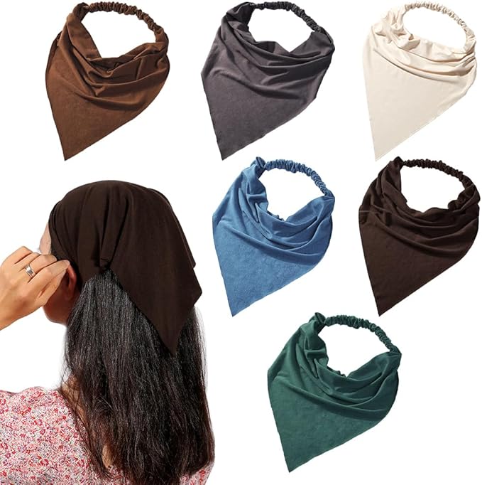 6 Pack Hair Scarf Headband for Women Elastic Bandana Head Scarf Large Boho Triangle Kerchief with Clips Non Slip Scarves