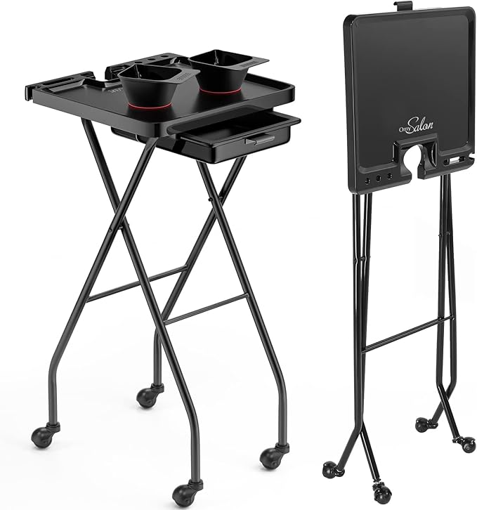 OmySalon Salon Trolley Cart with Wheels 2 Color Bowls 1 Drawer, Folding Salon Service Tray Color Cart for Hair Stylist, Beauty Styling Tattoo Barber Shop Tools Storage Organizer
